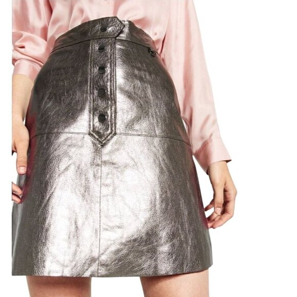 Zara Skirt XS Leather Gray Silver Metallic Festival Blogger Fav Snap Button - Picture 2 of 11